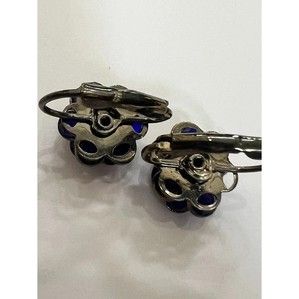 Vintage Cobalt Blue Glass‎ Floral Clip On Earrings Art Deco Rhinestone Flower